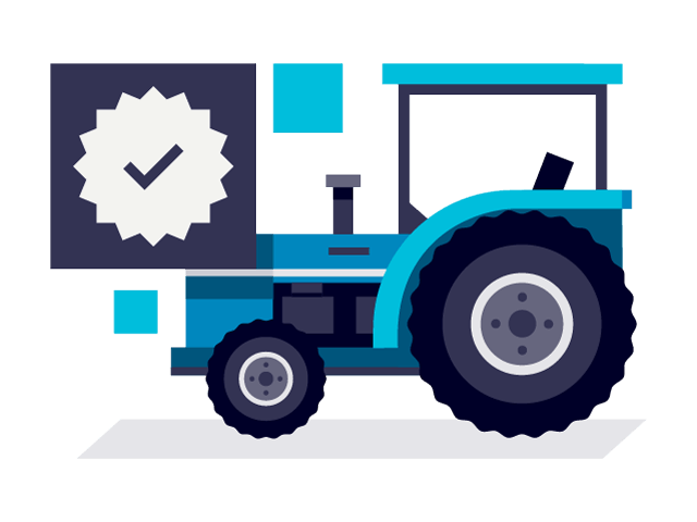 Abbildung einer ausgefüllten Checkliste und eines Traktors