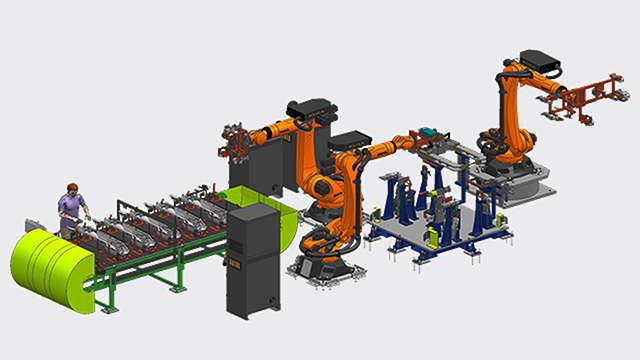 Image of an robotic assembly line with conveyor, worker, robots and fixture in NX Assembly Line Planner software.