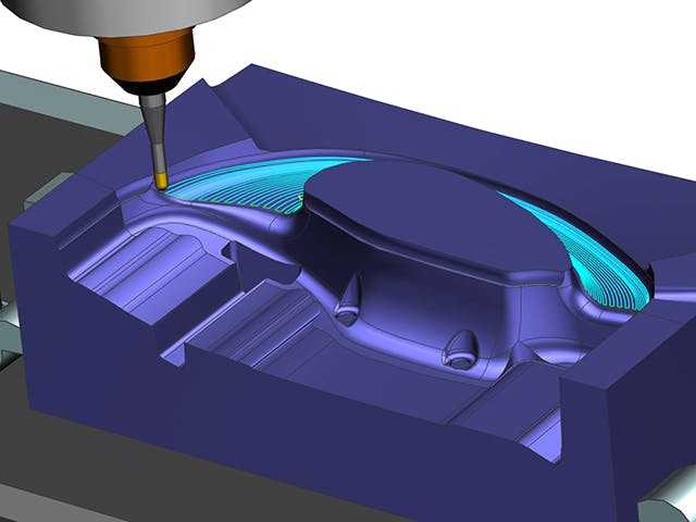 Machine part requiring 3-axis milling rendered with NX CAD/CAM software.