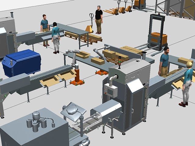 Roboter, AGVs, Maschinen, Förderbänder und Menschen in einem 3D-Simulationsmodell der Process Simulate-Software.