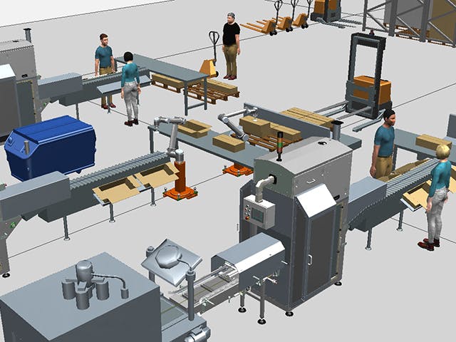 Robot, AGV, macchine, trasportatori e persone in un modello di simulazione 3D nel software Process Simulate.