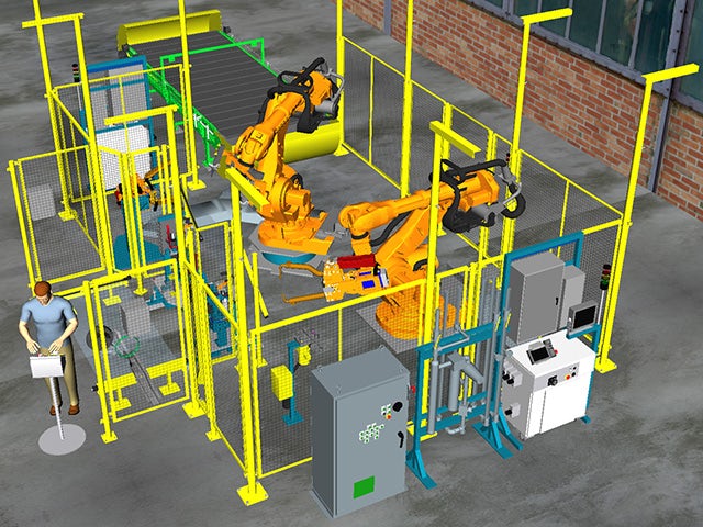 Plně podrobný 3D návrh robotické pracovní buňky v softwaru Process Simulate.