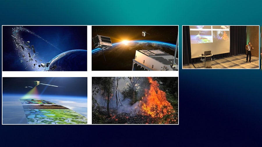Composite of five images showing space debris, satellites orbiting Earth, Earth observation data collection, forest fire, and presenter discussing these topics. Images illustrate environmental monitoring from space and disaster tracking applications.