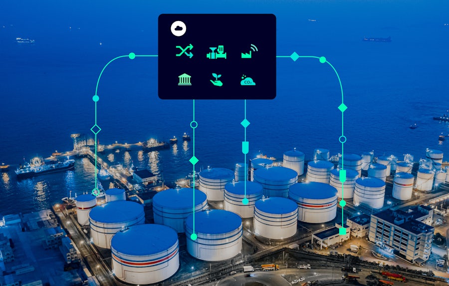 Aerial view of energy plant with digital overlay.