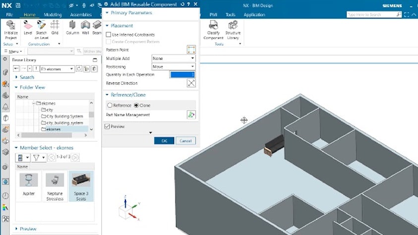 A room designed in NX BIM with a 3-seat couch selected from the BIM Library.