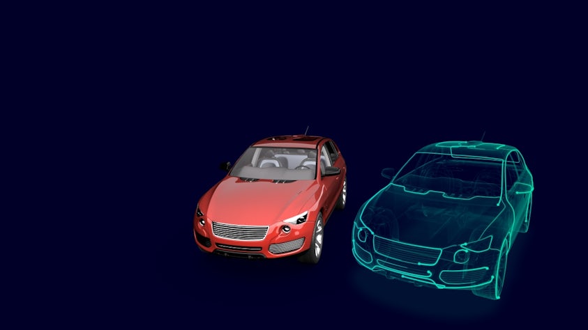 A rendering of a red car design with a teal