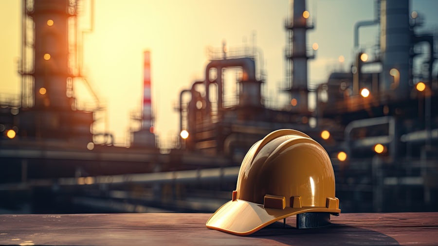 L'elmetto di un operaio in primo piano con una raffineria di petrolio sullo sfondo.