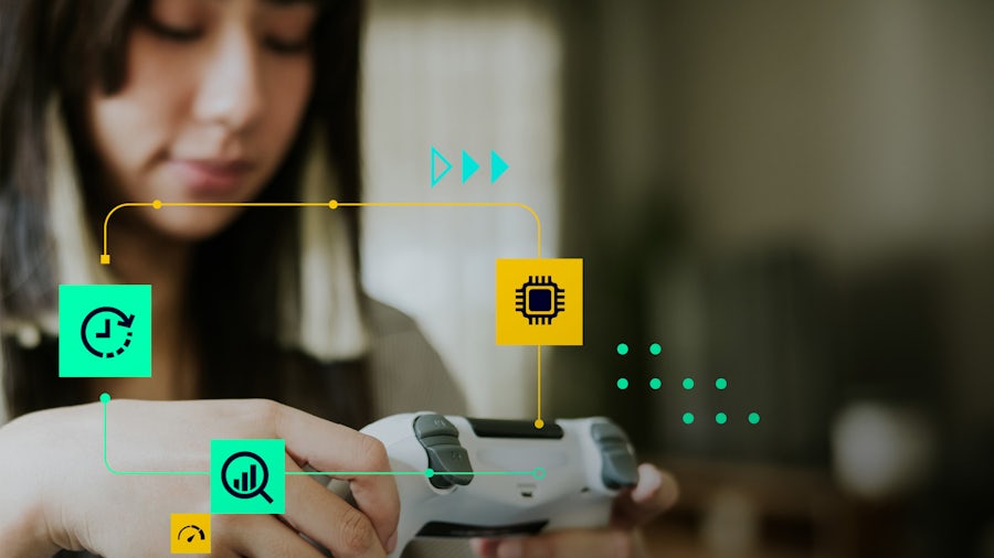 Girl holding a video game controller while various green and yellow icons related to time management and performance are overlaid on the photograph.