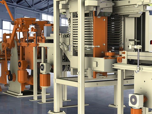 A rendering of an orange and grey industrial machine designed in NX.