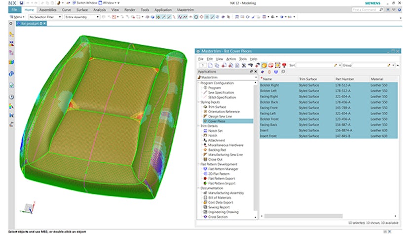Mastertrim’s producibility simulation allows for a quick evaluation of the design, accounting for the shape, material and seam locations defined. This image is showing the simulation interface shows green when no producibility issues are present, red when areas of wrinkling occur and blue for areas of bridging or excessive compression. When issues occur, alternative materials could be selected, styling shapes changed or seams moved to address any issues.