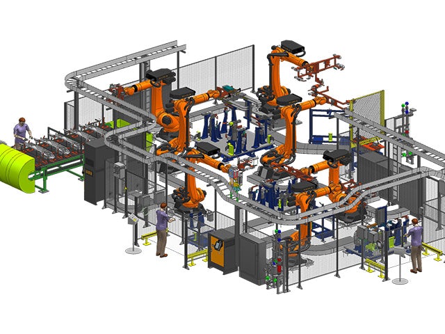Fully detailed 3D factory workcell design in NX Line Designer software.