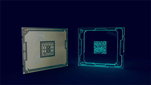 A Siemens Digital Twin rendering showing a physical CPU chip on the left and its transparent digital twin on the right, set against a dark blue background.