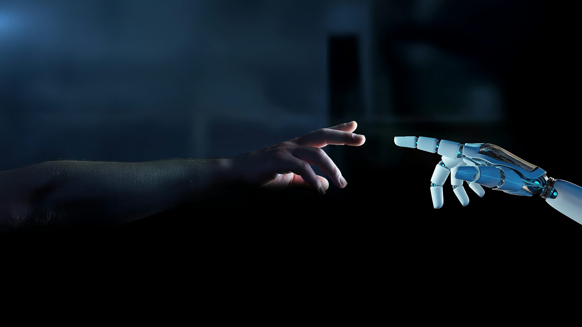 Human hand reaching toward a white robotic finger, about to make contact.