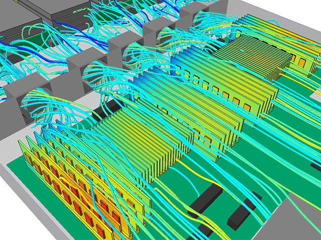 Visualisierung der Simcenter Flotherm-Software, die bei der thermischen Analyse hilft und die Entwicklung eines thermischen digitalen Zwillings unterstützt.