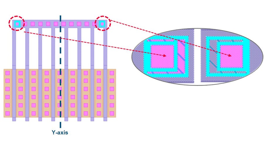 Screenshot displaying a differential-pair op-amp device selected by a green marker polygon. Dropdown macro window offers option to “Run symmetry check on selected polygon(s)”