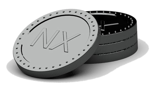 A rendering of silver "NX" tokens.
