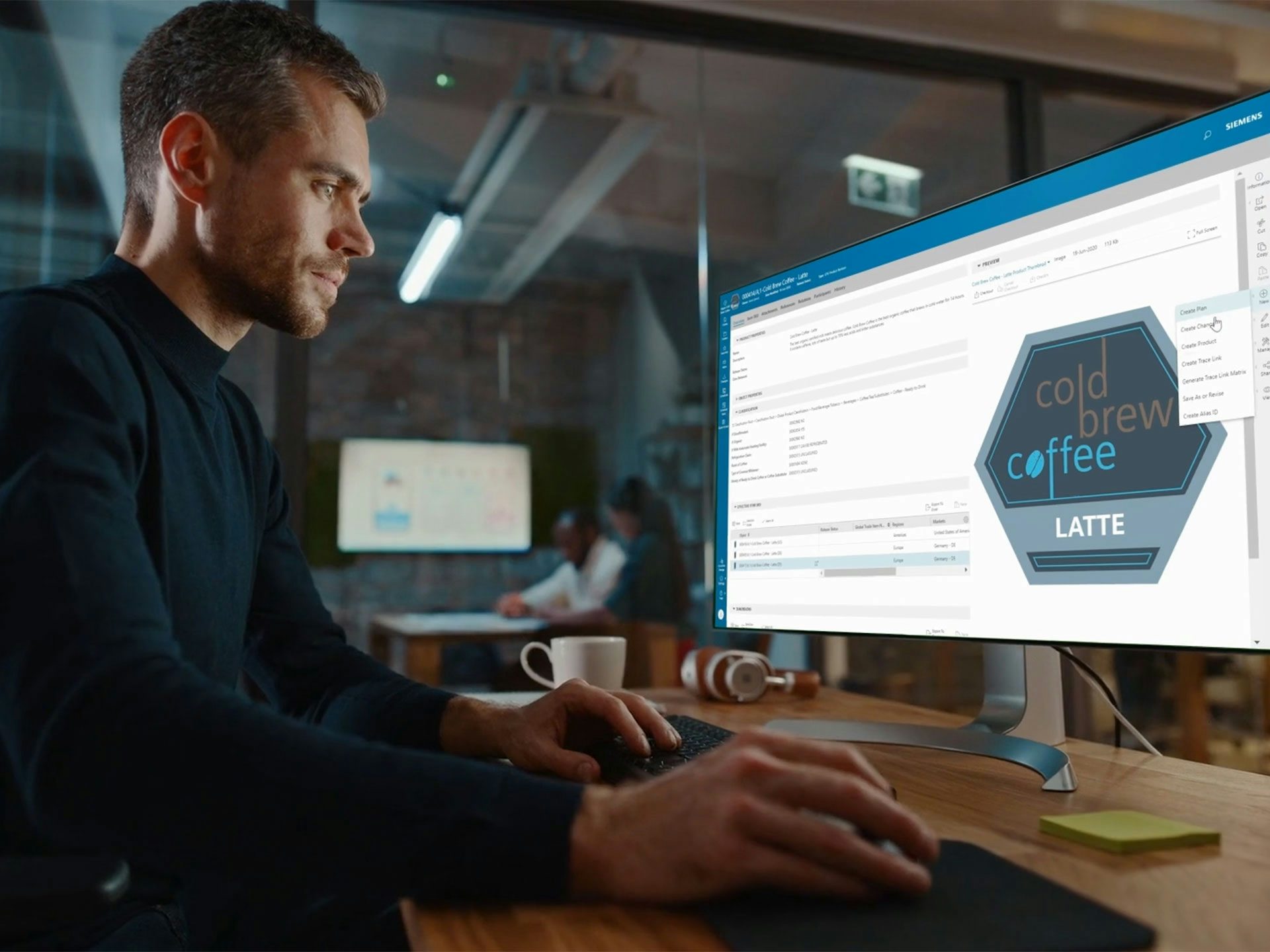 Engineer using CPG PLM software to design coffee product packaging, displaying cold brew latte label development in consumer packaged goods software interface.