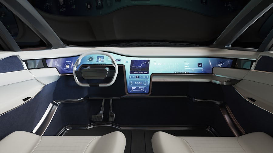 The cockpit of a next generation software-designed vehicle, showing an interactive dashboard that spans the entire dash.