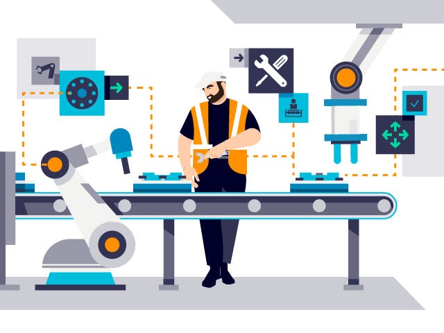 Ilustracja przedstawiająca pracownika w białym kasku i kamizelce odblaskowej nadzorującego zautomatyzowaną linię montażową.