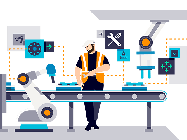 Illustration of a worker in a white hard hat and safety vest. The worker is overseeing an automated assembly line. There are overlay images of the BOP for the sequence of steps in assembly plans.