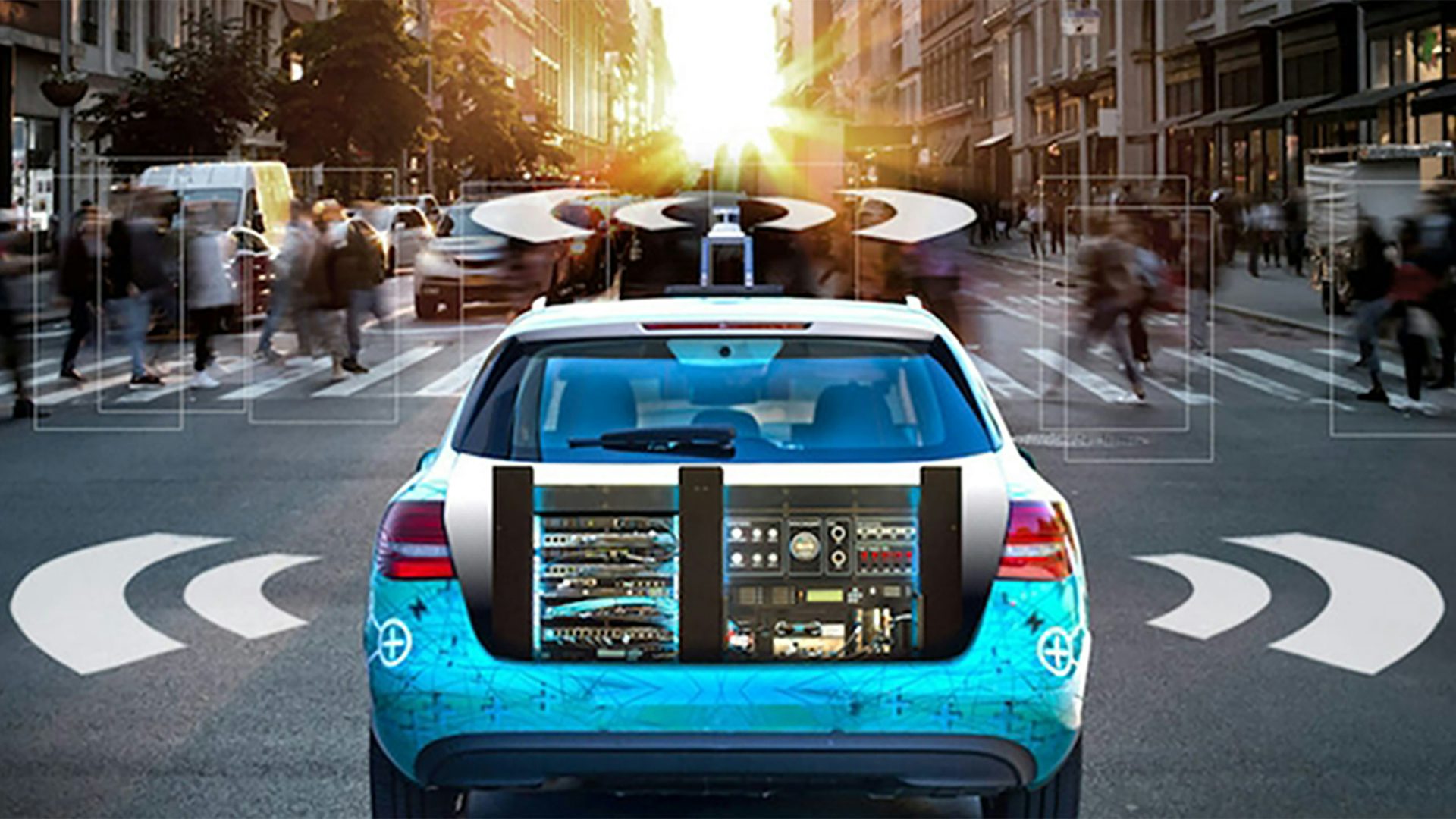 Rear view of a car on the street, with an image of electronic components grafted onto the car's rear trunk, and lines suggesting sound emanating from the car