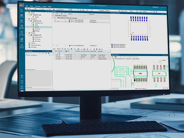 A computer montitor showing Process Preparation X Approved Vendor List Addon software which leverages component library data to validate the BOM against the PCB design