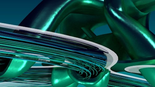 Green-colored, twisted tubes in a simulation design.