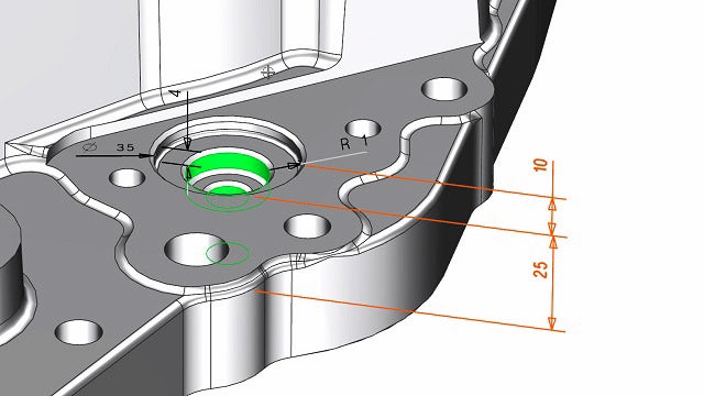 A component in NX with 3D dimensions  created by NX Model Based Defintion that are applied to a hole feature.