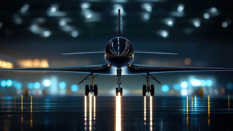 A plane is seen from head on as it sits on a runway before takeoff. 