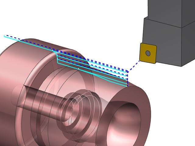 Machine part that requires turning rendered using NX CAD/CAM software.