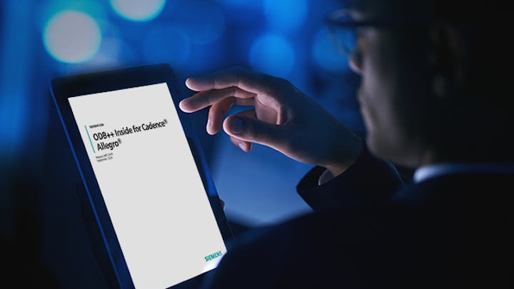 Person viewing the "ODB++ Inside for Cadence Allegro" user guide PDF on a tablet screen.