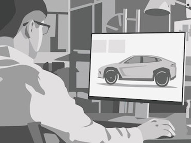 A grayscale clip art image of a man with glasses and a dress shirt on a computer with an image of an SUV car.