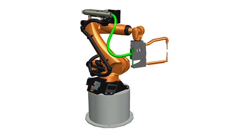 A robotic arm with a sleek, metallic design stands on a cylindrical base, its orange and black components intertwined with green cables. Enhanced by the Process Simulate X add-on, it's equipped with a precise rectangular gripper at the end.