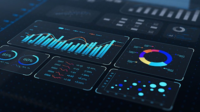 Touchscreen displaying a dashboard with data analytics, sales and operations charts, and KPI insights.