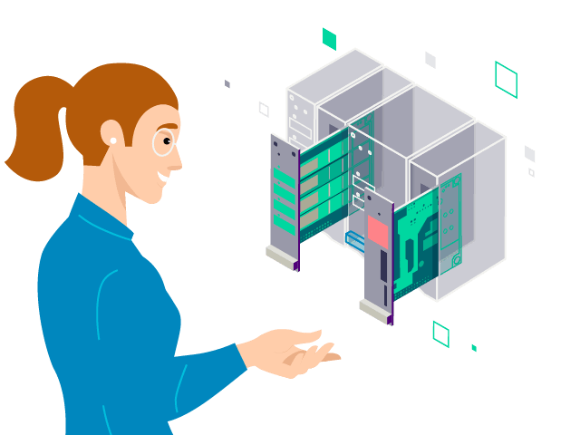 An illustration of a female looking at the inside of a computer.