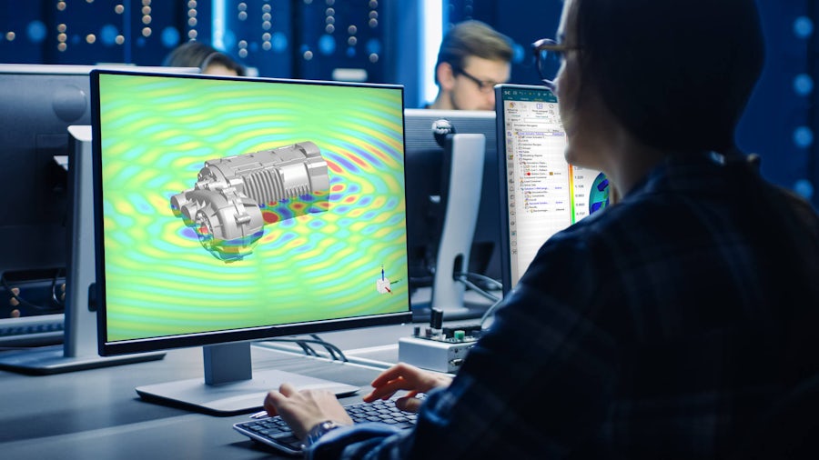 A lady sitting in front of an lcd screen with 3d modelling software on it.