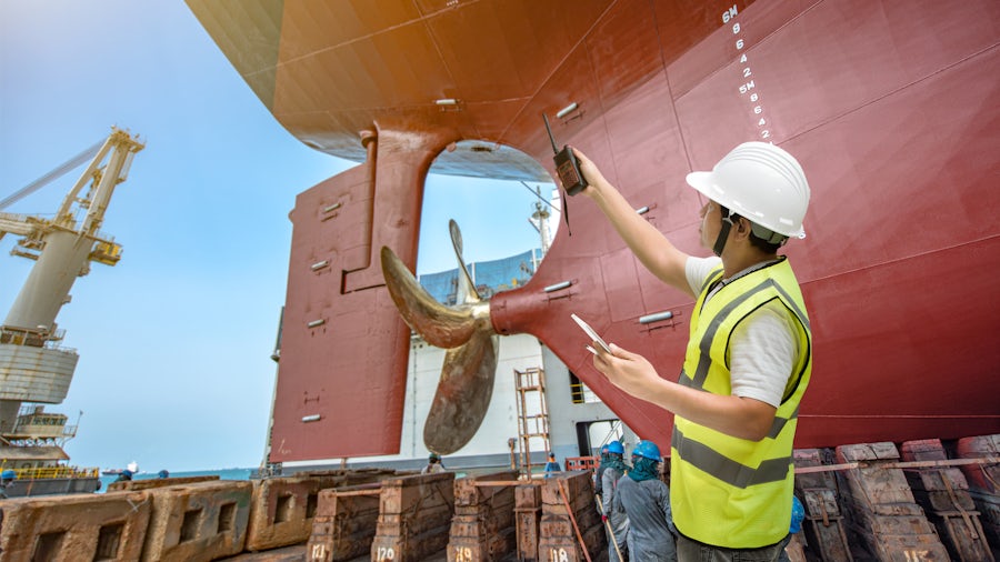 Shipyard personnel assessing a ship.