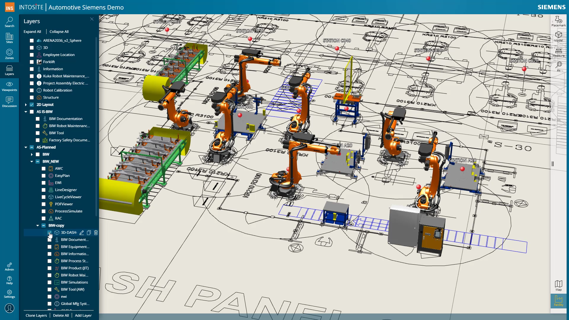 Screen showing Opcenter X Intosite factory visualization.