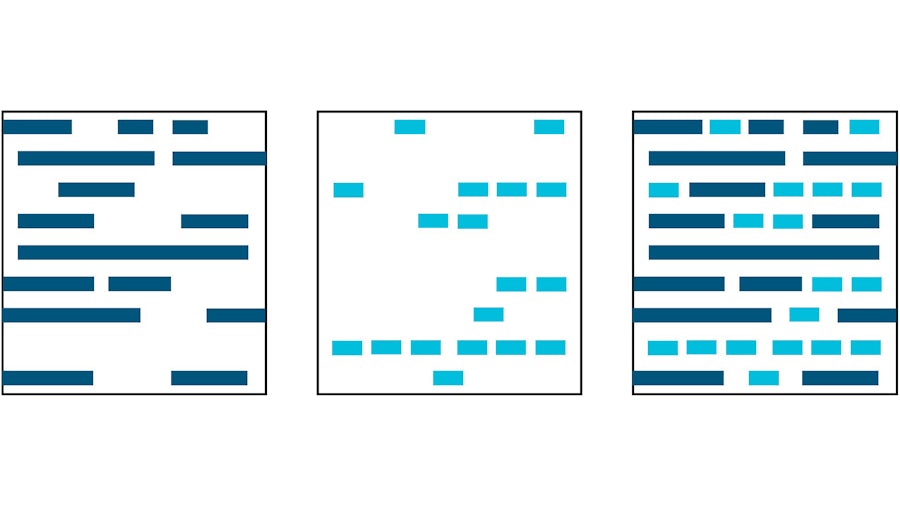 Three squares in a row. First square contains dark blue rectangles representing device polygons. Second square has light blue rectangles representing fill shapes. Third square shows both sets of rectangles, representing fill insertion in layout.