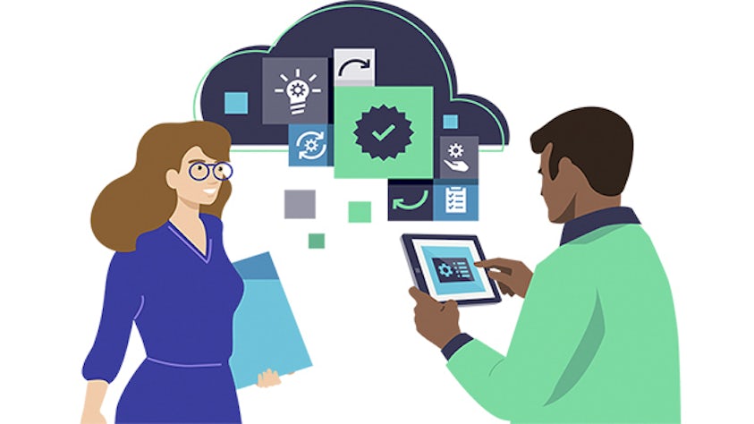 Illustration of two people, one with a tablet and a cloud with industrial setup, likely through IoT and digital twin technology.