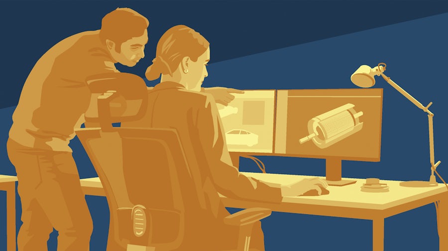 An illustration of two engineers discussing the digital twin of a machine component.