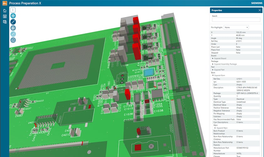 Screen Shot showing a graphical representation of an electronics circuit board with a list of properties taken from Process Preparation X Essentials software.