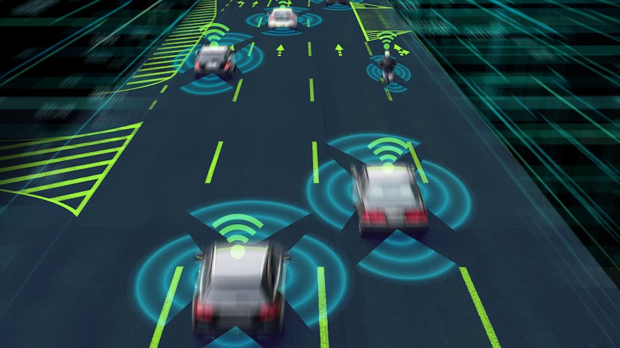 Graphic showing autonomous cars on highway