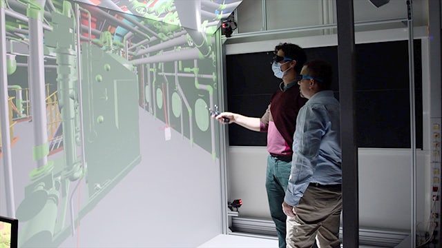 The IT department has an innovative virtual reality room where customers can walk into the 3D model of the ship to examine the design. The virtual reality model is also used for internal reviews of design concepts or reviews with subcontractors.
