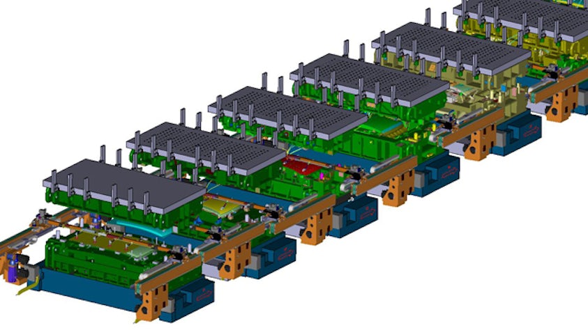 Image of a complete press line design in Press Line Simulation software.