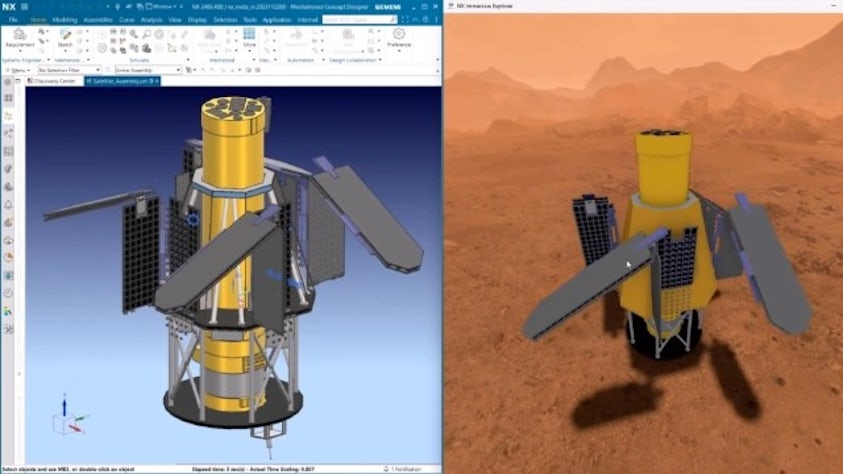 A space rover design in NX CAD on the left side of the window and the rover design in an immersive environment on mars on the right side of the window in NX Immersive Explorer.