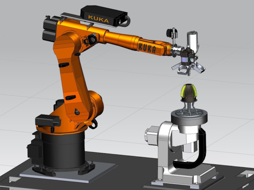 印刷堆積ヘッドを持つロボットで構成された多軸プリンターの説明図。