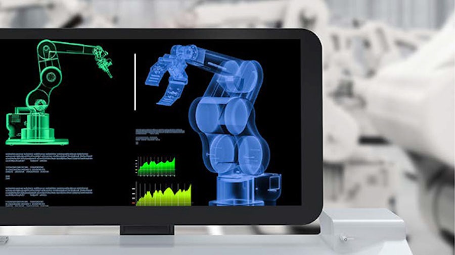 Tecnologia low-code emergente sullo schermo di un computer in un impianto di macchinari industriali.
