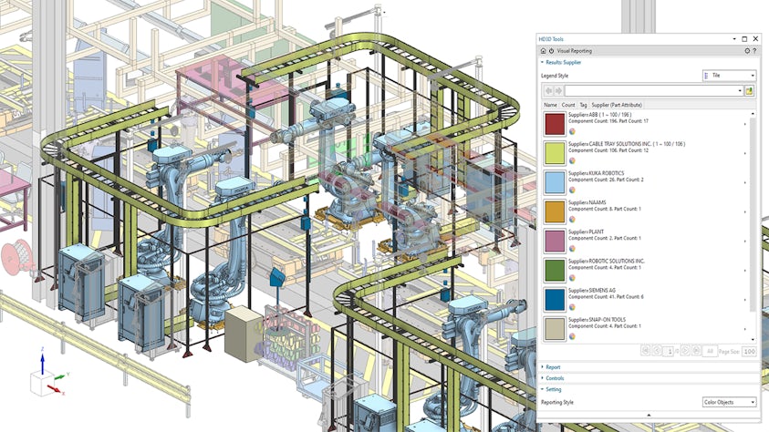 Visual reporting of a 3D production layout model in Line Designer X software.