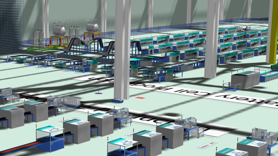 A digital rendering of a large factory floor with various machinery and conveyor belts, labeled as a battery cell production area